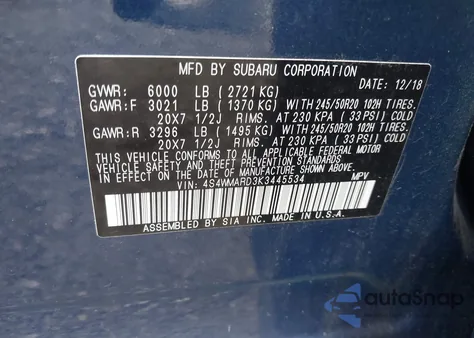 2019 Subaru Ascent Touring из США, поврежденный, VIN 4S4WMARD3K3445534